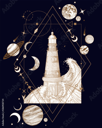 Vector mystical illustration of a lighthouse in the sea surrounded by planets and stars