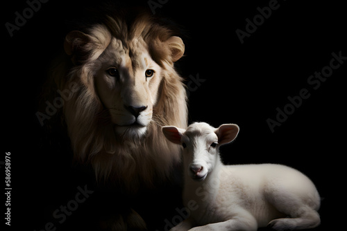 Lion and Lamb together on a black background. Two aspects of the nature of Jesus Christ  Generative AI 1