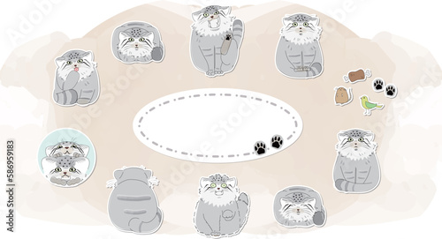 色々な表情と仕草のマヌルネコのシール風アイコンセット