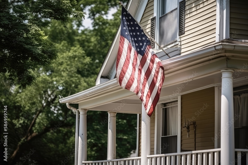 Porch of a house with the USA flag in front. High quality generative ai