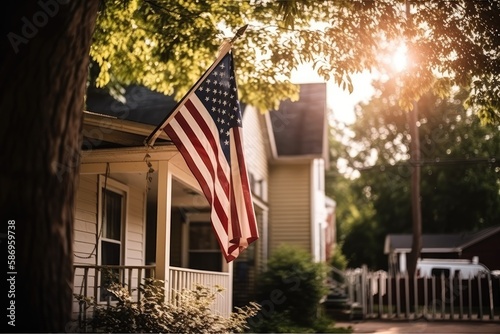 Porch of a house with the USA flag in front. High quality generative ai