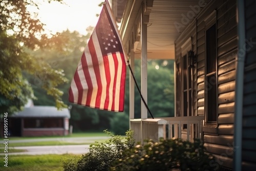 Porch of a house with the USA flag in front. High quality generative ai