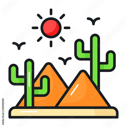 Cactus with sand pile and sun showing icon of desert in modern style