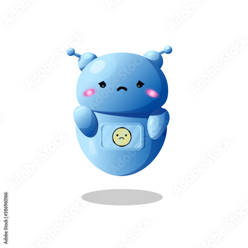 Arteficial intelligence robot with sad emodji. Online helper in application. Vector chat bot in your mobile device. Chatting assistant. Cute mascot photo