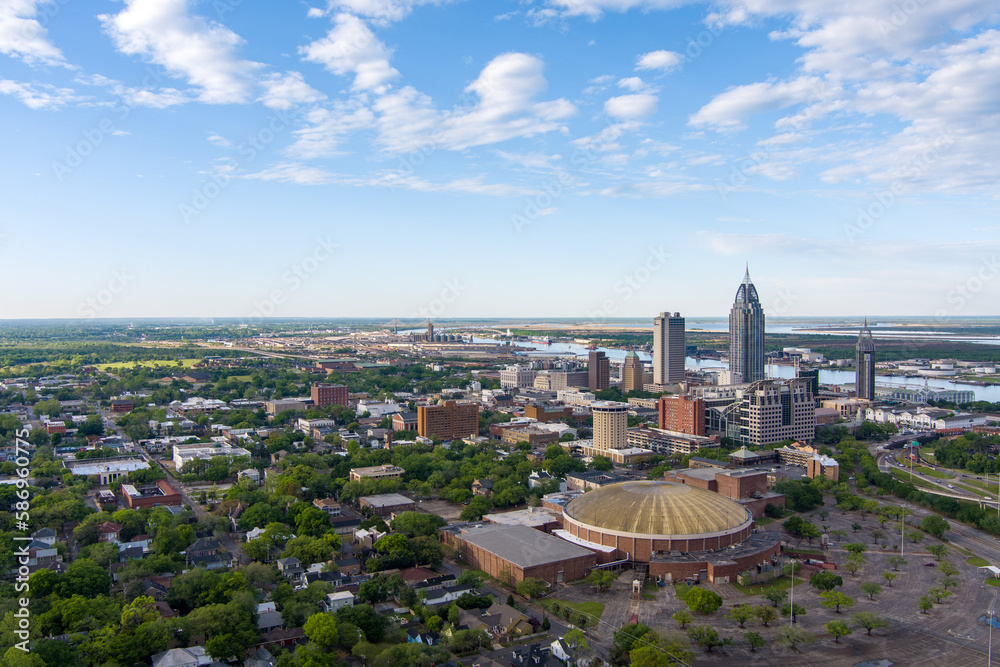 Aerial view of the civic center and downtown Mobile, Alabama in March 