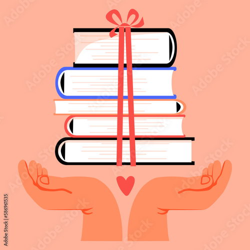 Book to Gift, sale. Hands and stack of books. Literature. Pile of textbooks for education. Library concept. Vector illustration