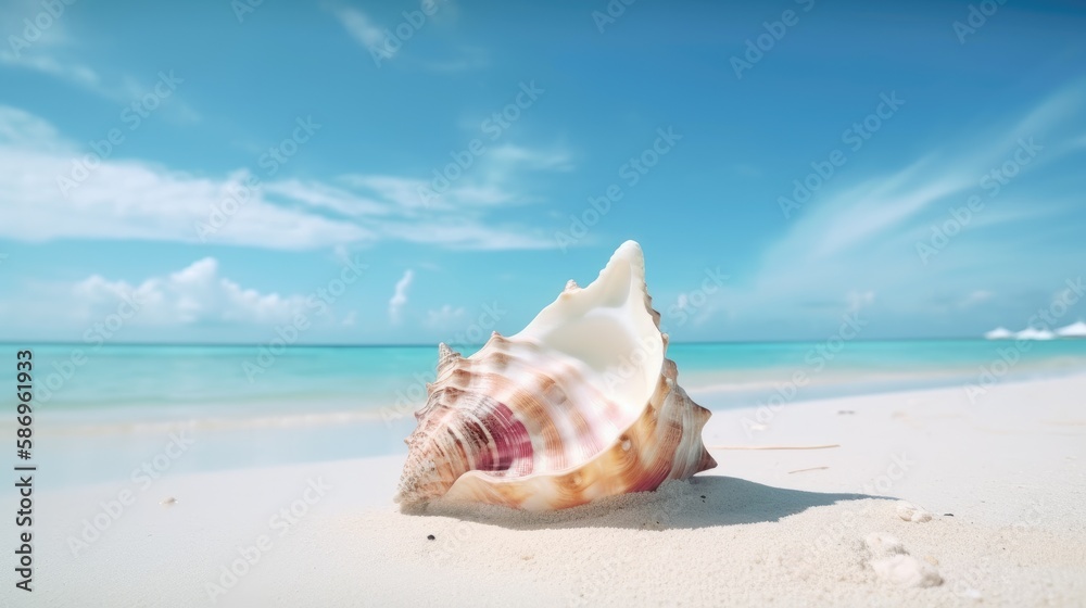 Conch shell on a sandy beach with the ocean in the background. Generative AI Conch shell on a sandy beach with the ocean in the background. Generative AI
