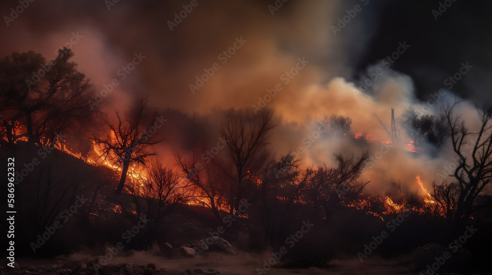 Fototapeta premium A wildfire burns to ground in the forest
