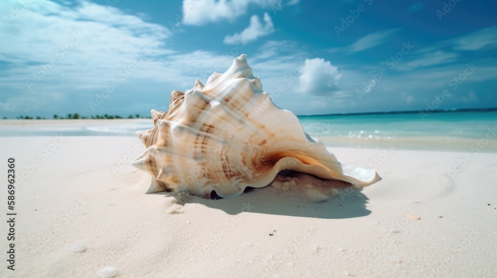 Conch shell on a sandy beach with the ocean in the background. Generative AI Conch shell on a sandy beach with the ocean in the background. Generative AI