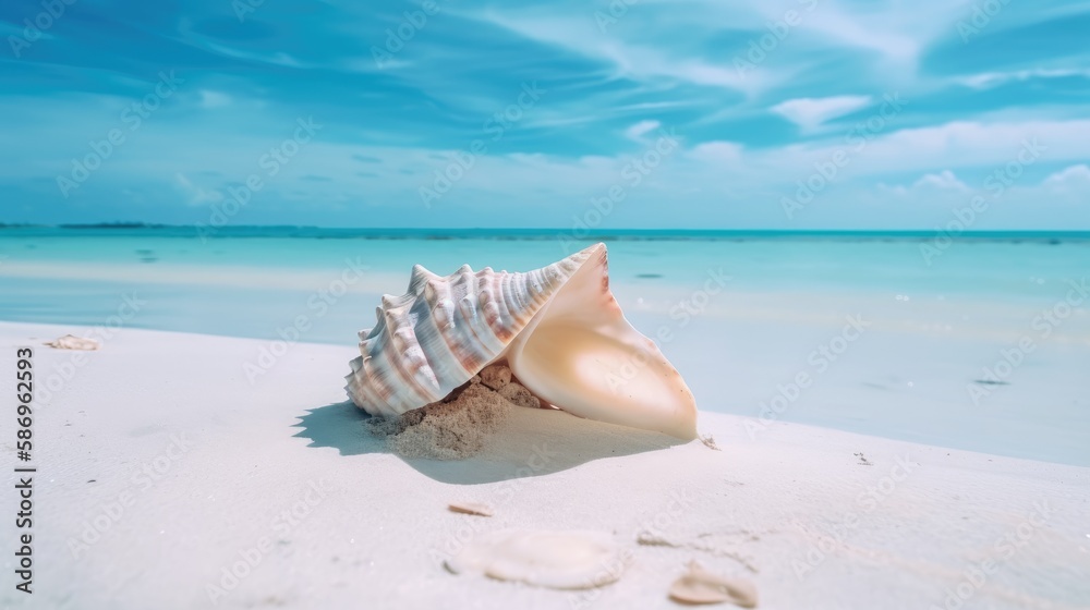 Conch shell on a sandy beach with the ocean in the background. Generative AI Conch shell on a sandy beach with the ocean in the background. Generative AI
