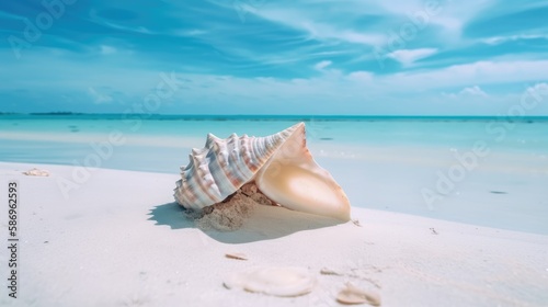 Conch shell on a sandy beach with the ocean in the background. Generative AI © piai