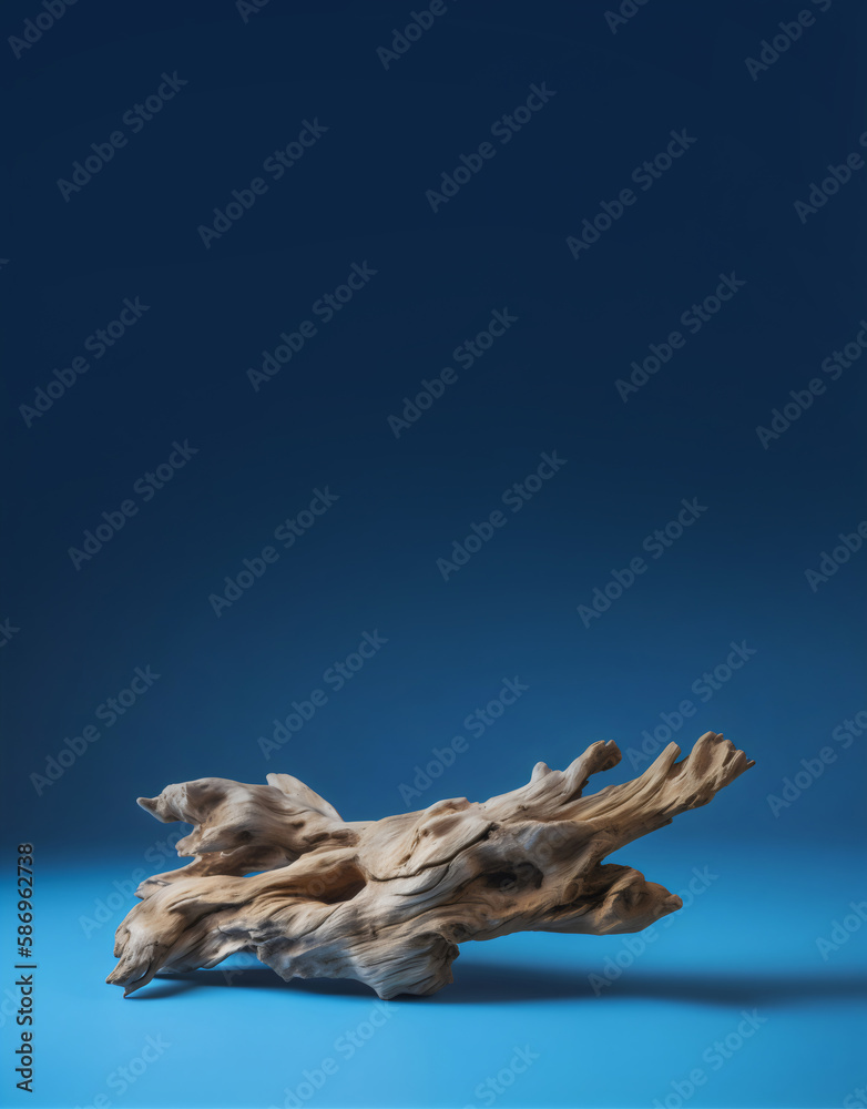 Fototapeta premium driftwood on plain blue background with copy space, made with generative ai