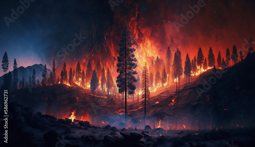 A wildfire burns to ground in the forest