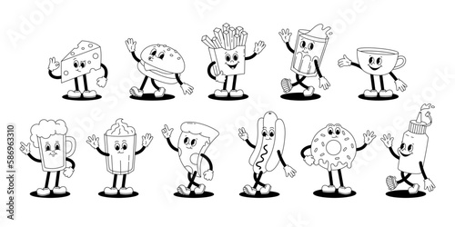 Vector set with cartoon retro mascot monochrome illustrations of walking street food. Vintage style 30s, 40s, 50s old animation. Stickers isolated on white background.
