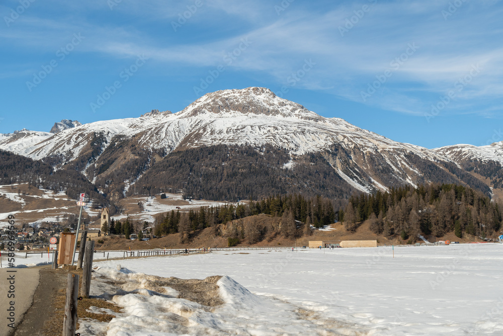 Alpine winter panorama in the area of Saint Moritz in Switzerland