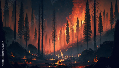 A wildfire burns to ground in the forest