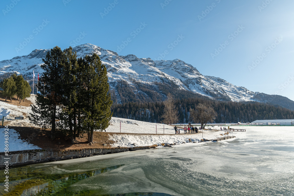 View over the frozen lake in Saint Moritz in Switzerland
