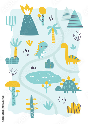 Jurassic landscape cute map for kids. Cartoon dino map print for boys carpet. Dinosaur valley map for kids.
