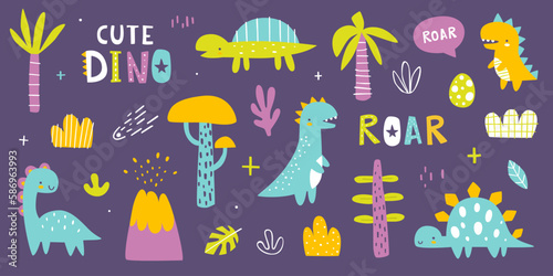 Cute dino colorful set. Naive dinosaurs collection for baby boys. Scandinavian vector dino bundle.