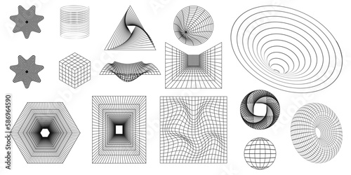 Geometric wireframe shapes and grids in dark color on transparent color background. 3D abstract backgrounds, patterns, cyberpunk elements in trendy psychedelic style. Y2k .