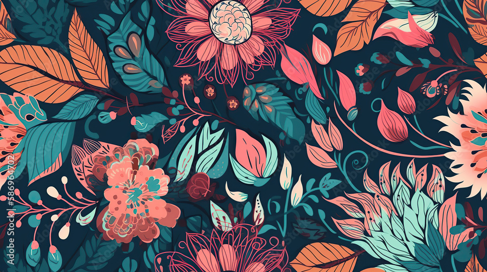 illustration of a seamless floral pattern with spring flowers. Lovely floral beautiful background in sweet colors generative AI
