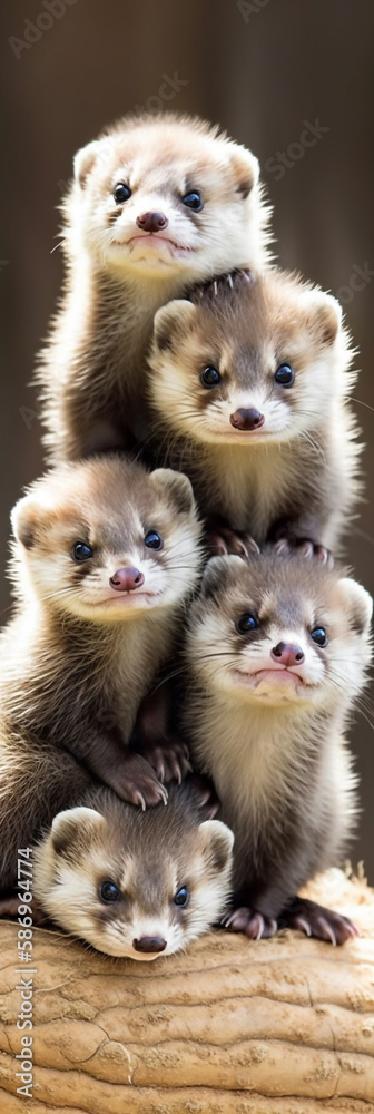 Super Cute Adorkable Fluffy Polecat  Sitting On Each Other In Shape Of Assorted Stack Generative Ai Digital Illustration Part#300323