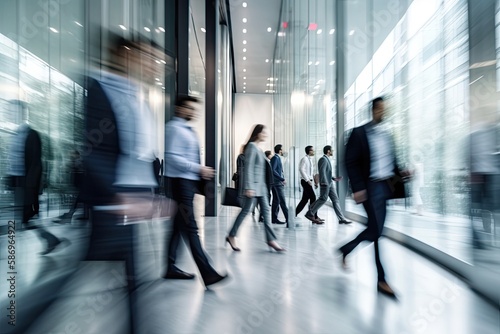 Foto Crowd of business people walking in office fast moving with blurry business deck