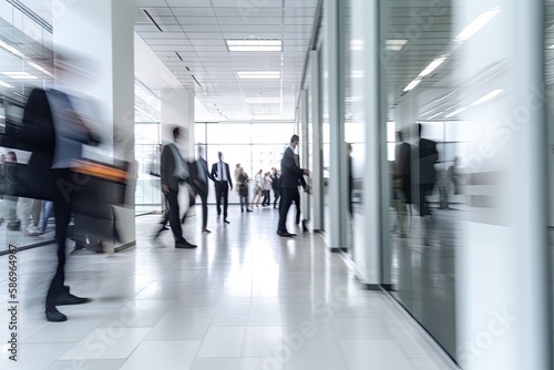 Crowd of business people walking in office fast moving with blurry business decks glas fronts - Generative AI