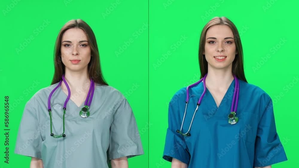 Portrait of woman nurse, pretty woman doctor looks at the camera and smiles, an young intern on a green background, medical staff video collage. Portrait of woman nurse, pretty woman doctor looks at the camera and smiles, an young intern on a green background, medical staff video collage.