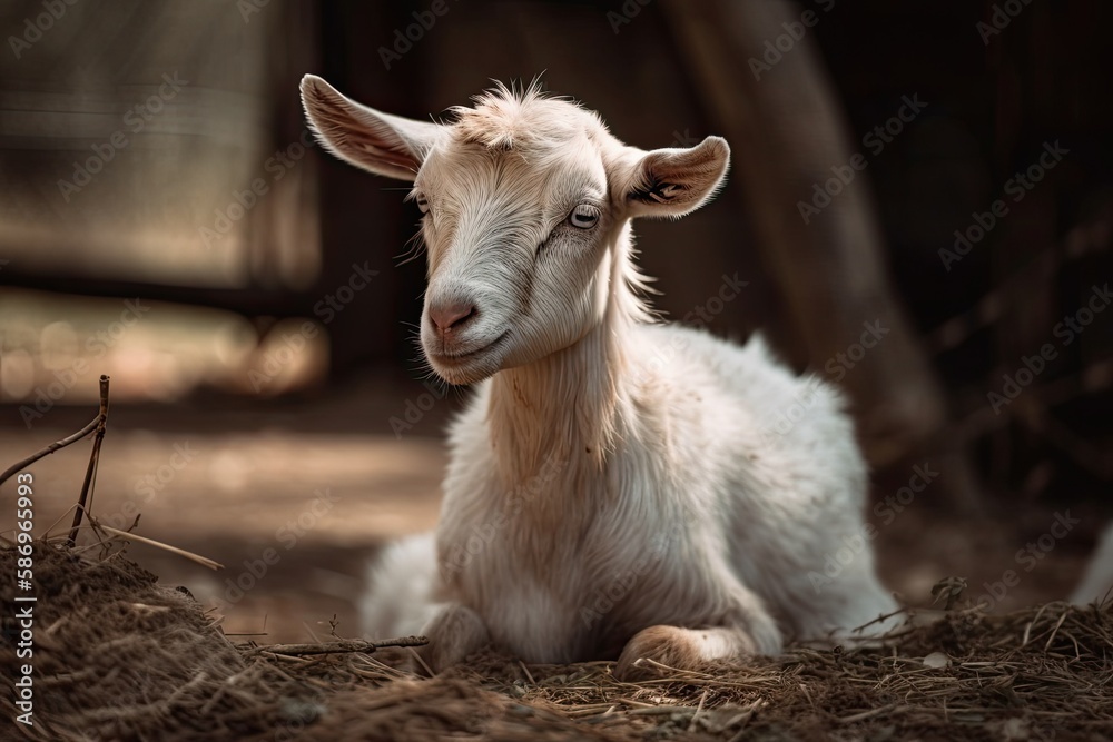 In a farm, a young goat is resting outside. Generative AI In a farm, a young goat is resting outside. Generative AI