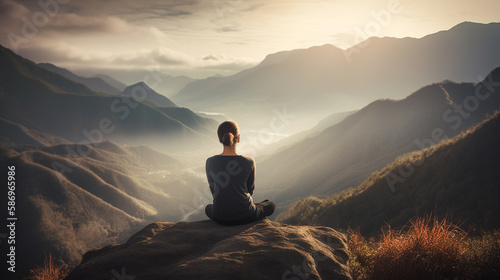 Fitness girl from the back   meditating in front of a beautiful mountains  relax  calm  practicing yoga generative ai