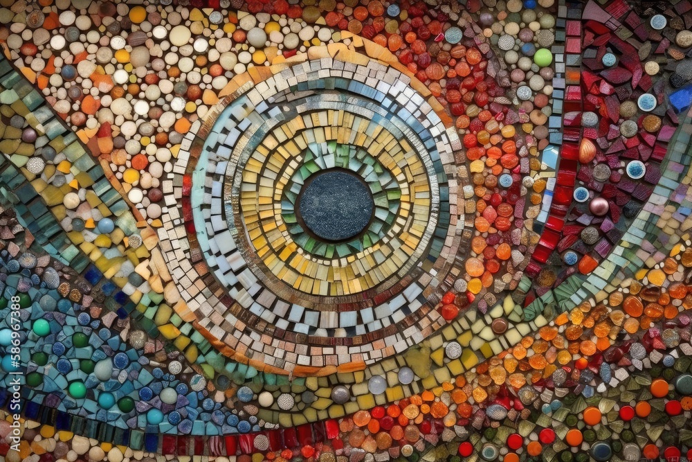 Mosaic - A decorative art form that uses small pieces of colored glass, stone, or other materials to create a pattern or image. Mosaic - A decorative art form that uses small pieces of colored glass, stone, or other materials to create a pattern or image.