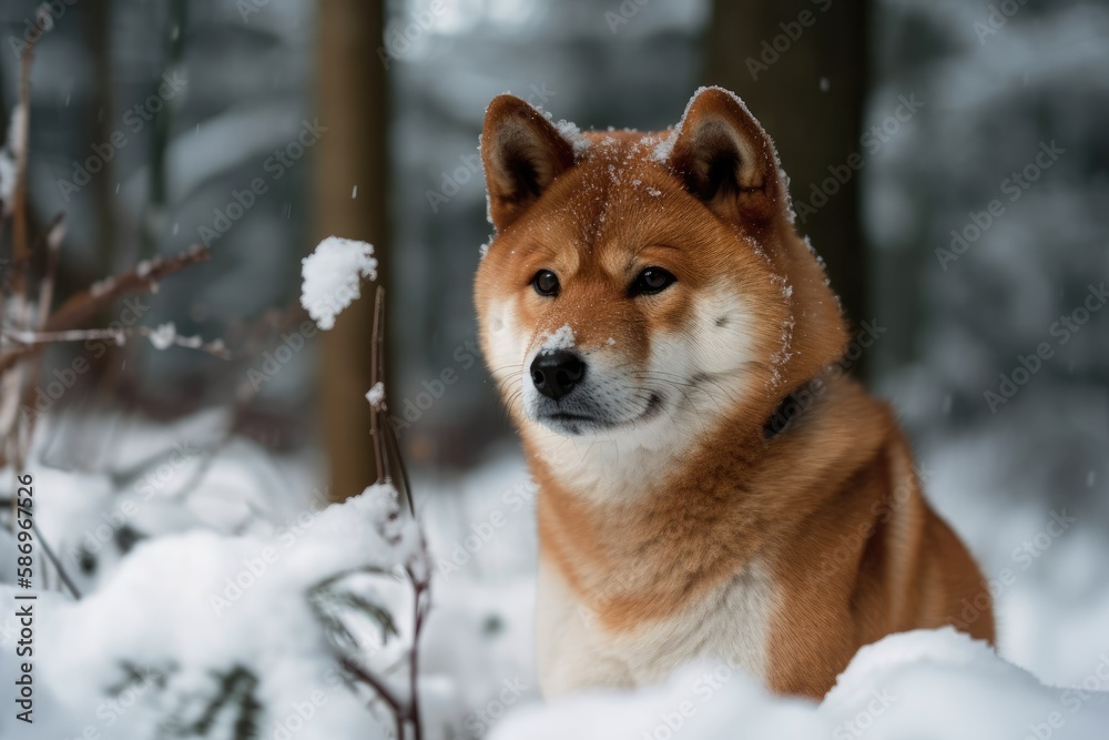 In the snow, a Japanese akita inu poses. Generative AI