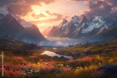 Mountain, sunsets, summer flower, nature worm, lake, mountain villages. 