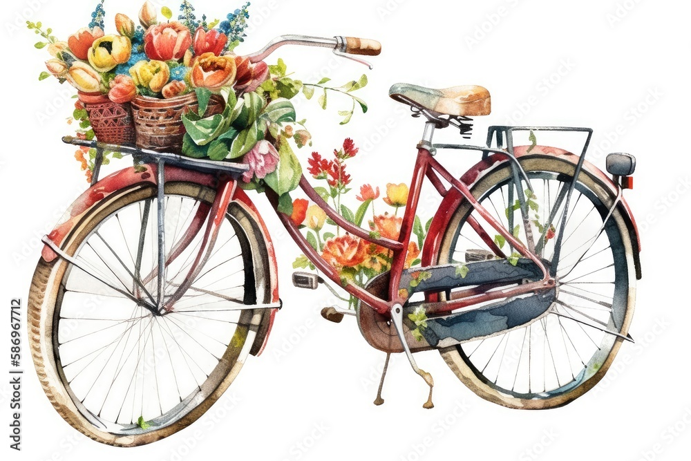 Retro style Bicycle, Colorful spring flowers in front Basket