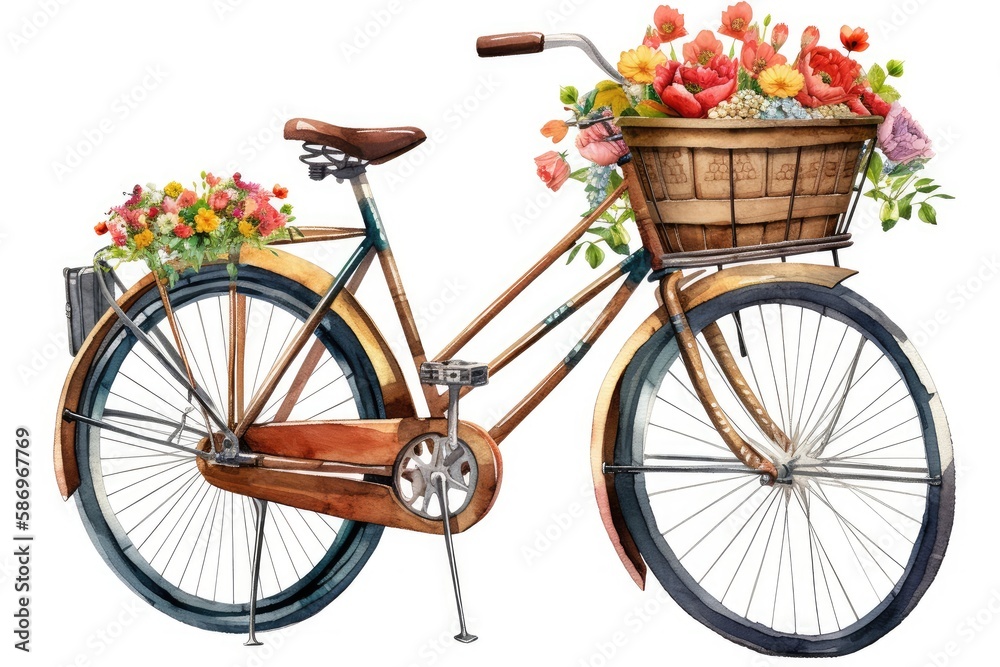 Retro style Bicycle, Colorful spring flowers in front Basket