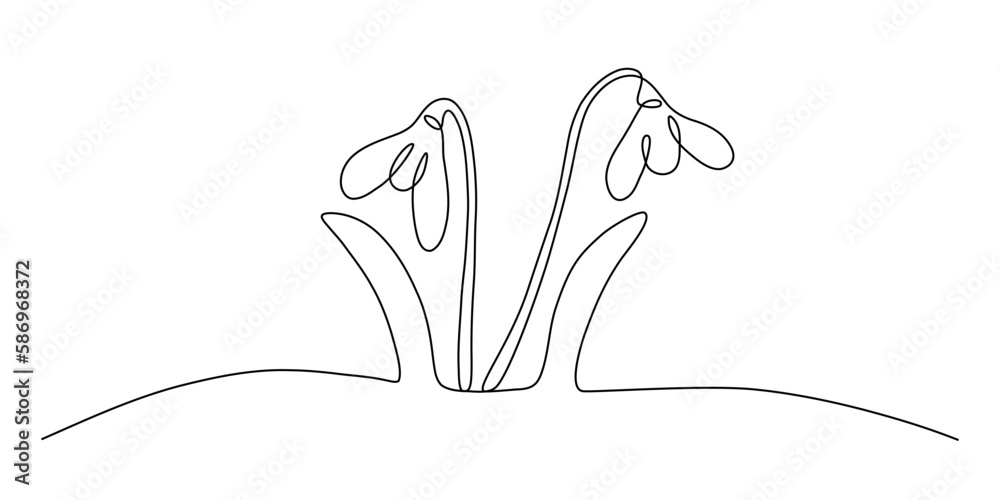 One line art growing flower. Single continuous line of spring snowdrops. The concept of the arrival of spring, Earth day. One line art growing flower. Single continuous line of spring snowdrops. The concept of the arrival of spring, Earth day.