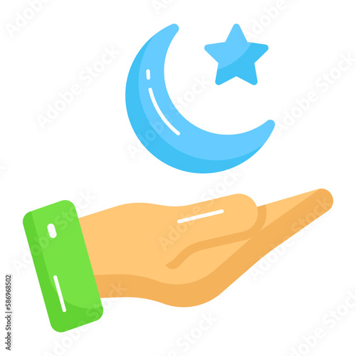 Crescent moon and star on hand denoting concept vector of ramadan