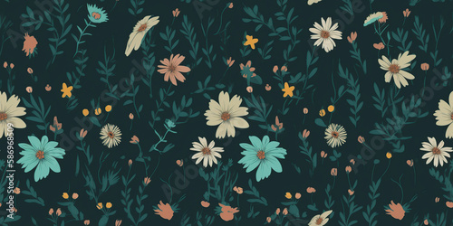 Full Frame Shot Of Vintage Beautiful flowers Wallpaper With Floral Patterns, Illustration, generative AI.