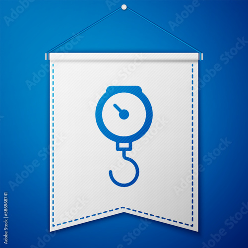 Blue Hand scale spring mechanical icon isolated on blue background. White pennant template. Vector