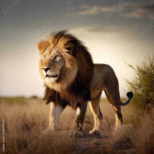 A big lion in the African savanna. Landscape with characteristic trees on the plain and hills in the background. 