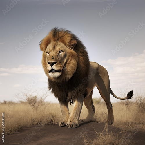 A big lion in the African savanna. Landscape with characteristic trees on the plain and hills in the background. 