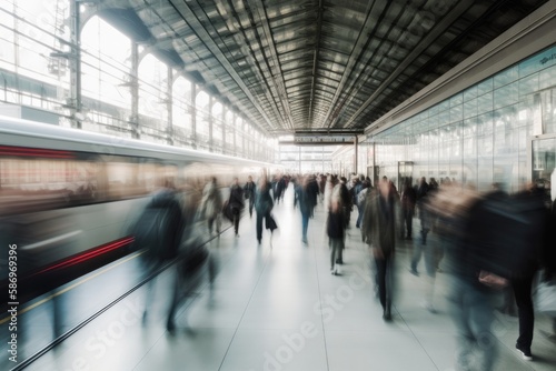 Crowd of all kind of people walking in train station fast moving with blurry trains on the right and blurry glas front on the left - Generative AI