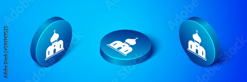 Isometric Church building icon isolated on blue background. Christian Church. Religion of church. Blue circle button. Vector