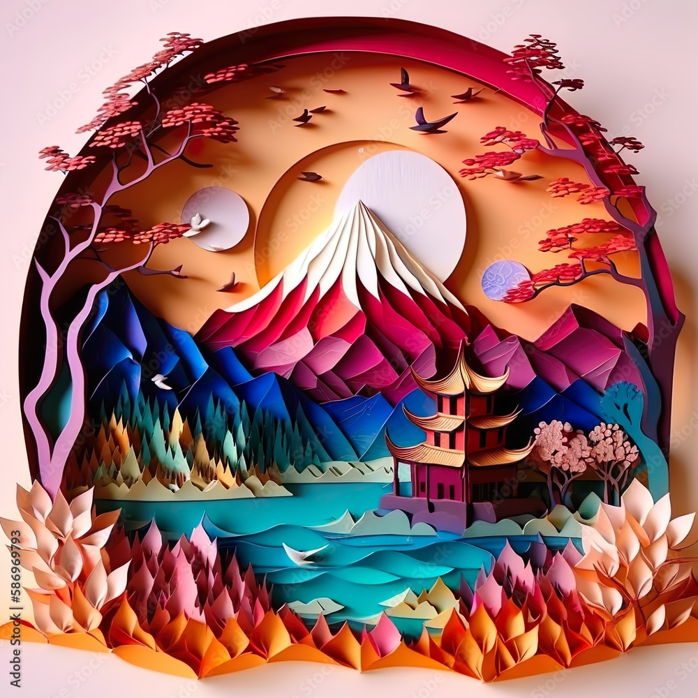 Kirigami art, paper illustrations of fairies, Tengwang Pavilion