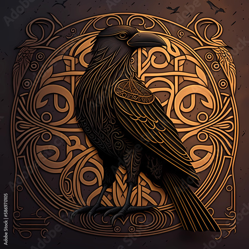 Raven from Celtic mythology. Hugin, Munin, Midgard, God Odin. AI generation