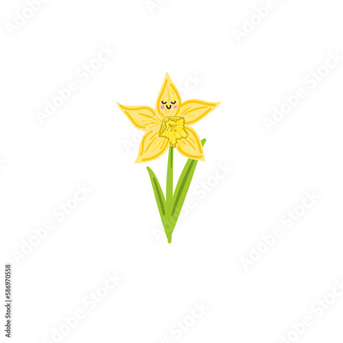 illustrated smiling yellow daffodil with stem and leaves on a transparent background