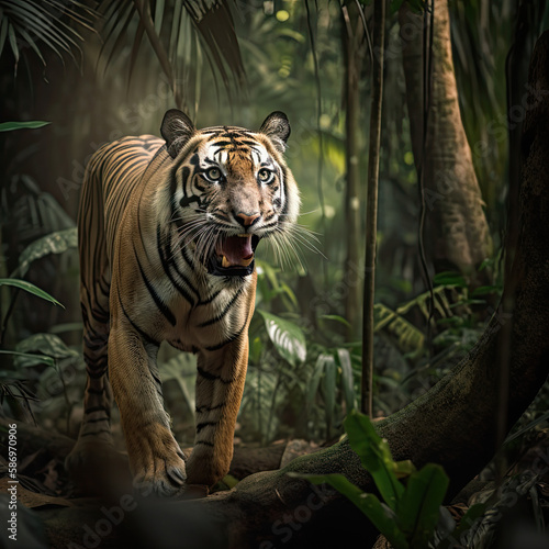 Beautiful Bengal Tiger in the jungle, wild animal in its natural habitat. Big cat, endangered animal.