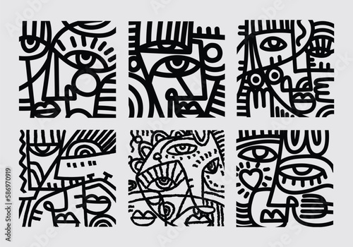 Set of abstract face portrait hand drawing, line art, black and white cubism style vector illustration.