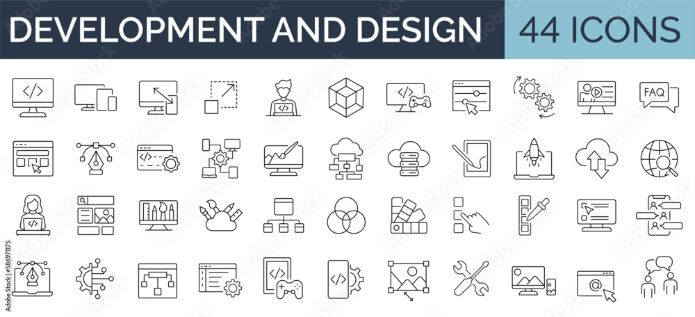 Set of 44 line icons related to web design, development. Editable stroke. Vector illustration